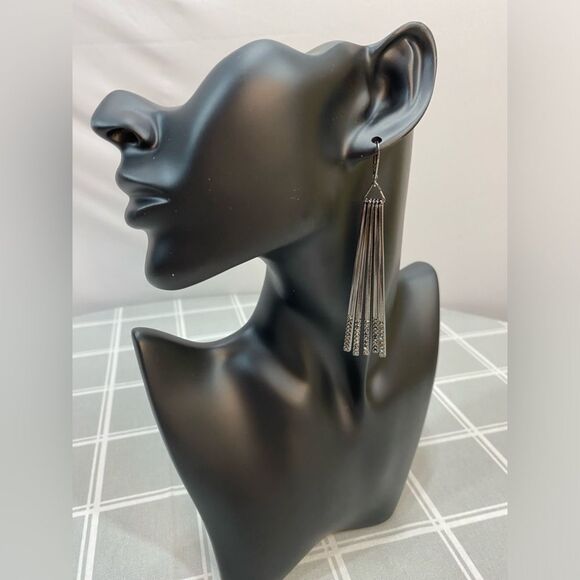 Earrings Pierced Gunmetal Rhinestones Black Long Drop Dangle Statement Jewelry - Picture 4 of 5